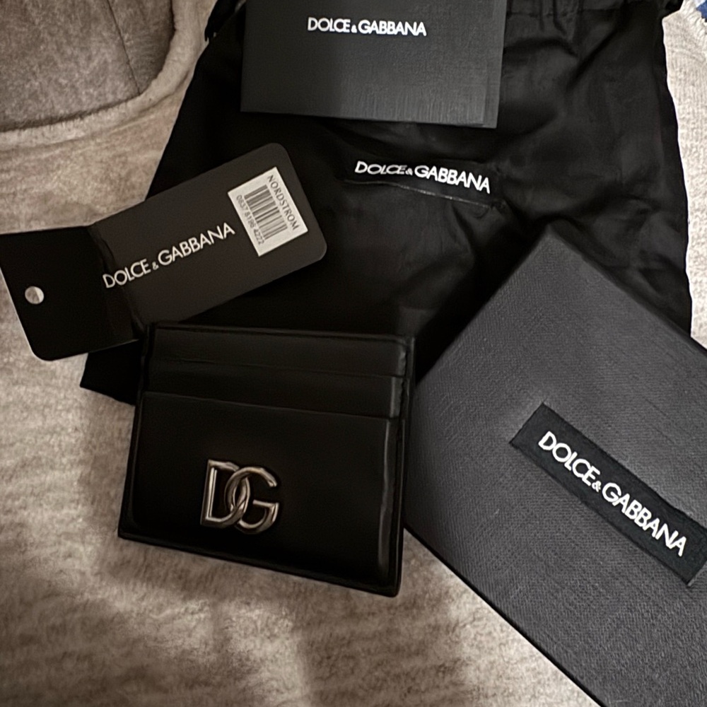 Dolce & Gabbana Black Leather Card Holder with Silver DG Emblem